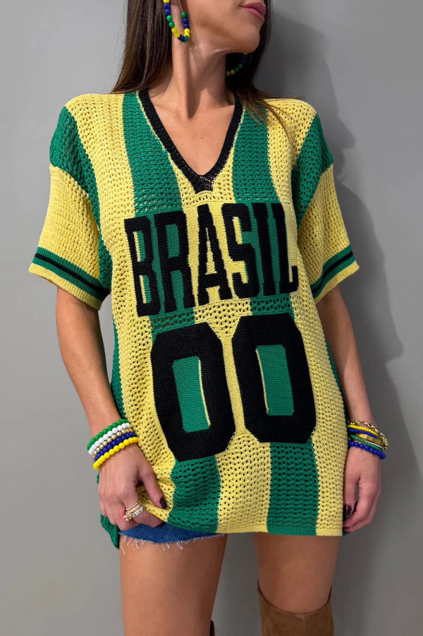 Cardydony Women's  World Cup Letter Jacquard Loose V-neck Short-sleeved Knit Top