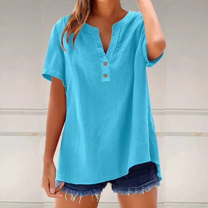 Cardydony Solid Color Linen Blended V-neck Loose Blouse