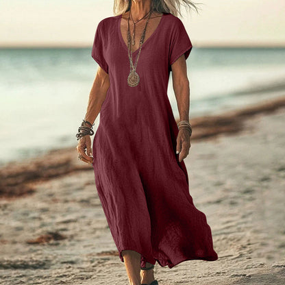 Cardydony Women's Solid Color V-neck Linen Blend Short Sleeve Dress