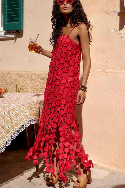 Cardydony Women's Juju Embroidered Cutout Polka Dots Square Neck Tassel Hem Slip Maxi Dress