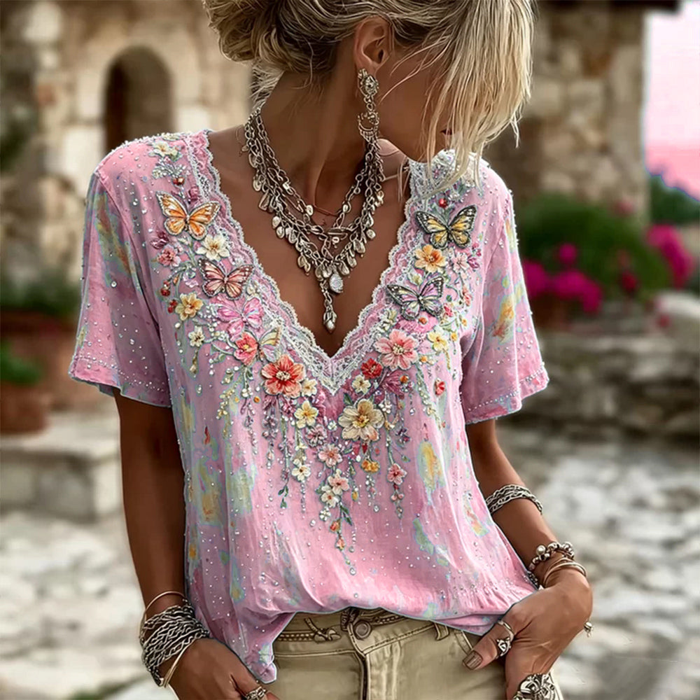 Cardydony Women's Colorful Floral And Butterfly Art Embroidered Linen Blend Lace V-neck Short Sleeve Top