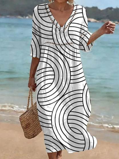 Cardydony Women's Lines Art Linen Blend Loose Three-quarter Sleeve V Neck Dress