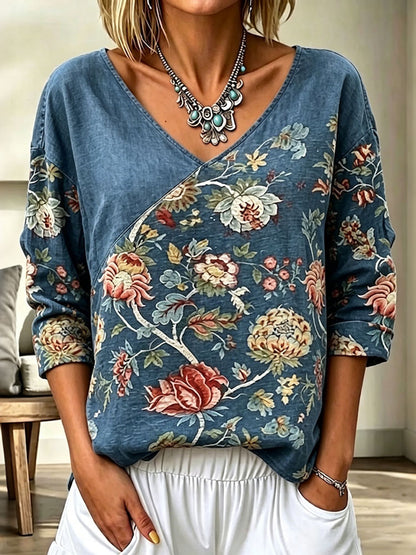 Cardydony Women's Irregular Floral Art Print Flowy Linen Blend Three-quarter Sleeve V Neck Linen Tops