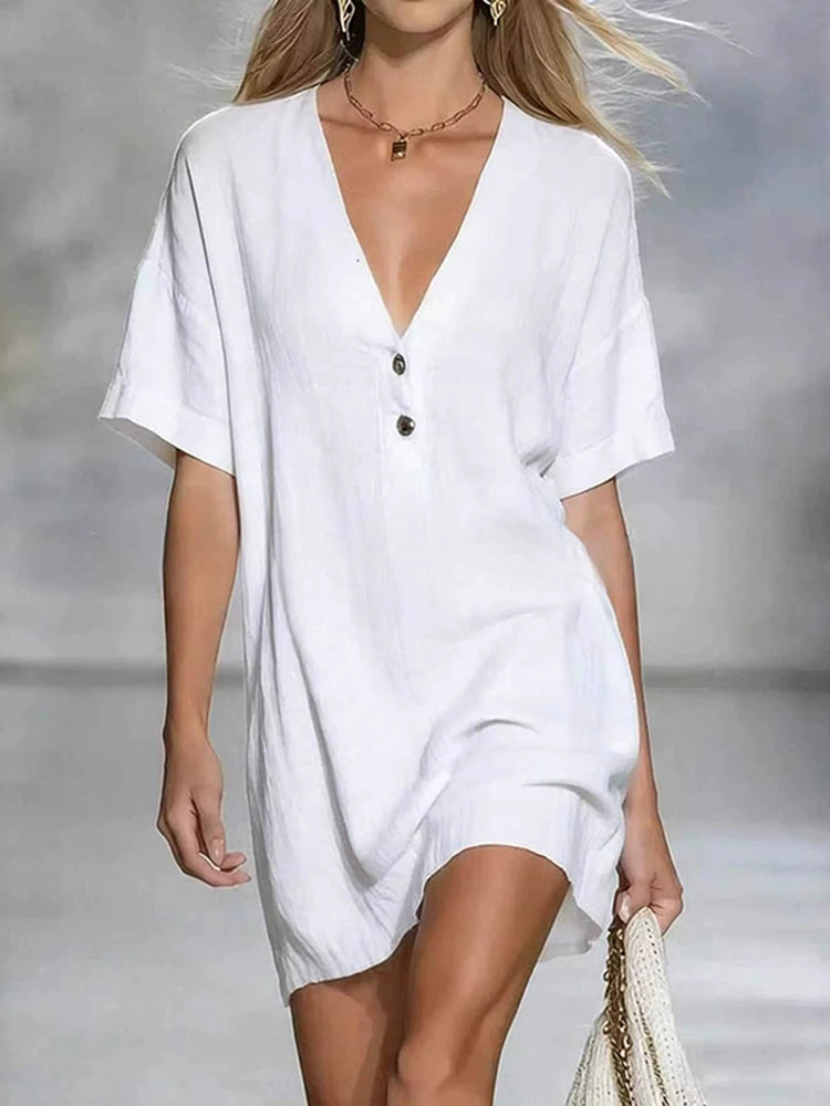 Cardydony Cozy Cotton And Linen Button V-neck Mini Dress