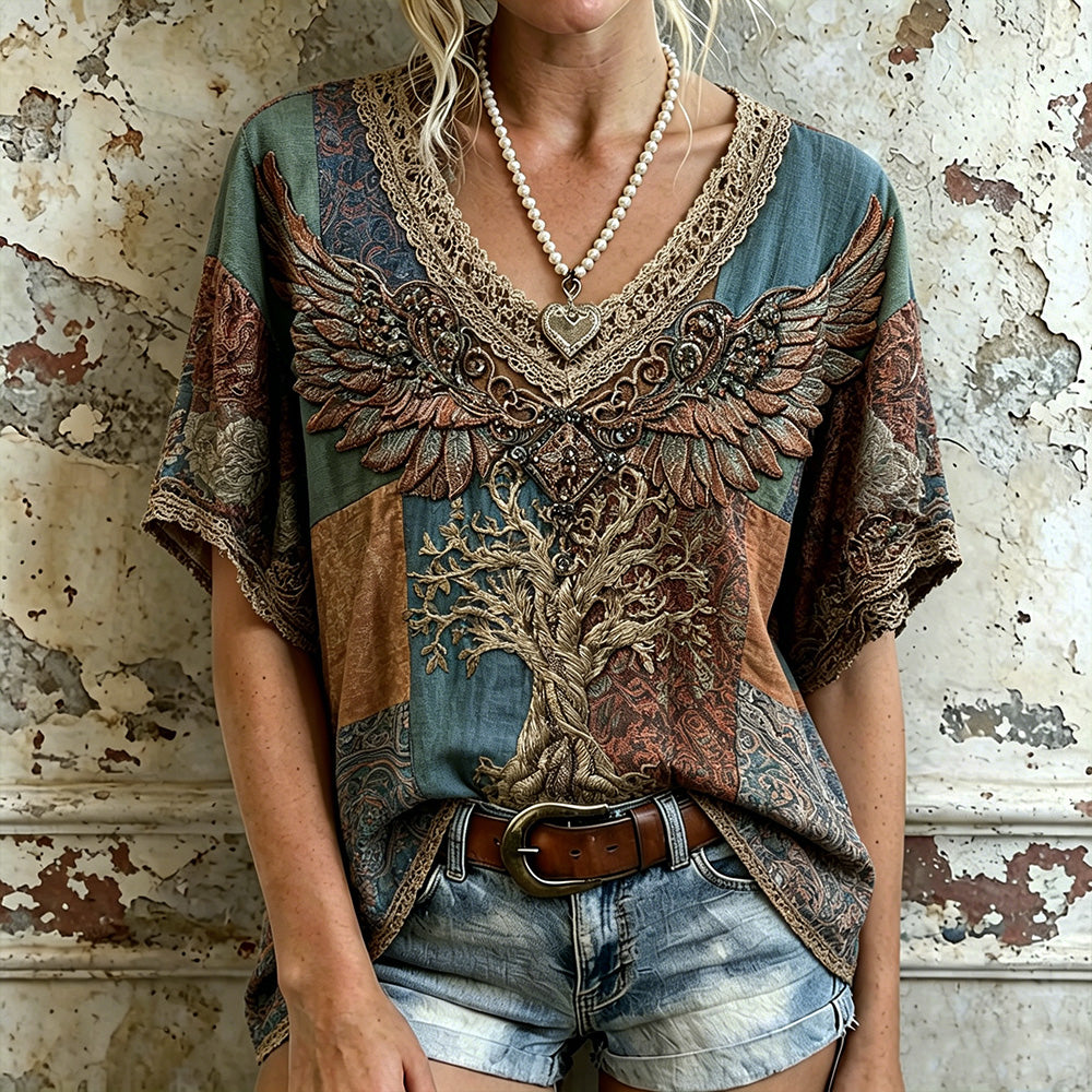 Cardydony Oversized Boho Paisley Patchwork 3d Wing Tree Of Life Lace V Neck Top