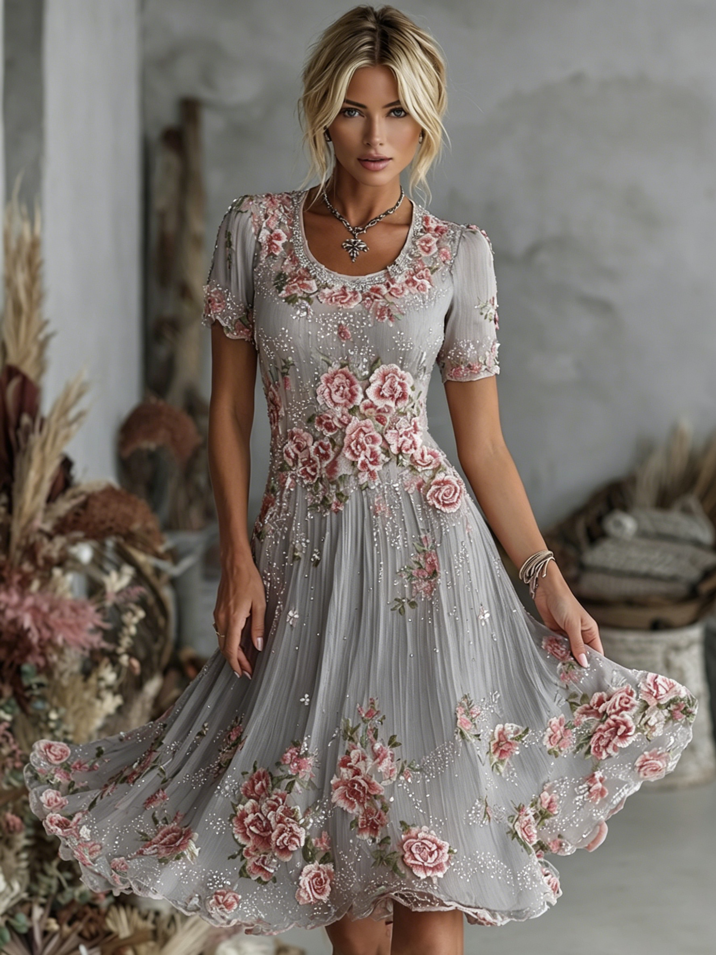 Cardydony Women's Vintage Floral Art Pattern Crew Neck Short Sleeve Linen Maxi Dress