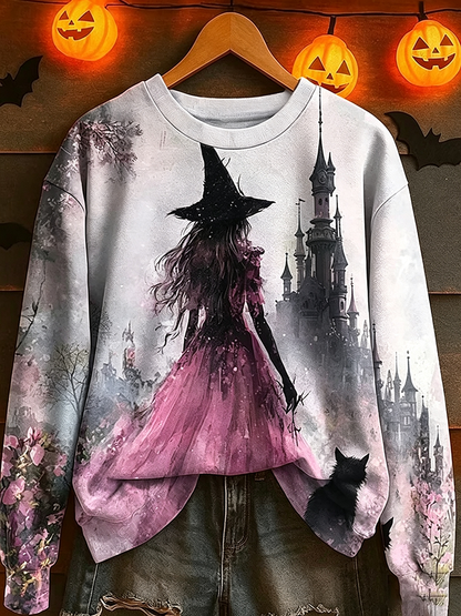 Cardydony Women's Pink Halloween Castle Witch Print Crew Neck Sweatshirt