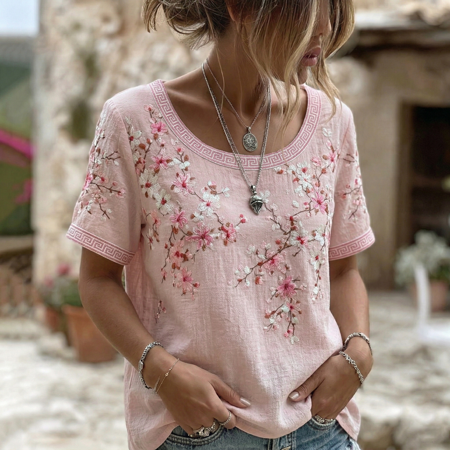 Cardydony Women's Vintage Japanese Cherry Blossom Art Round Neck Short Sleeve T-shirt