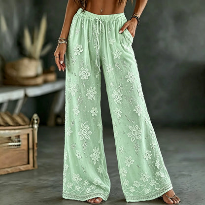 Cardydony Women's White Rose Art Embroidered Linen Blend Pants