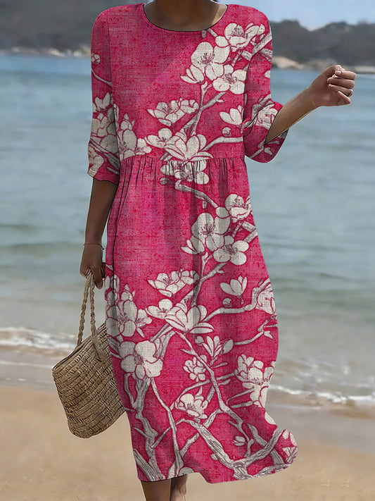 Cardydony Japanese Cherry Blossom Art Flowy Linen Maxi Dress