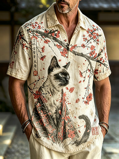 Cardydony Men's Retro Japanese Cat And Floral Print Cotton Linen Comfortable Polo Shirt