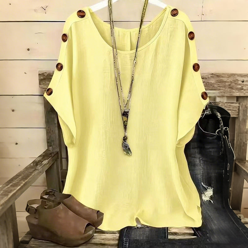 Cardydony Women's Solid Color Round Neck Loose Button Design T-shirt