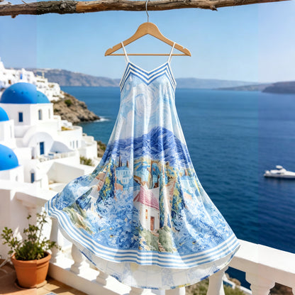 Cardydony Landscape Print Satin Sleeveless Midi Dress