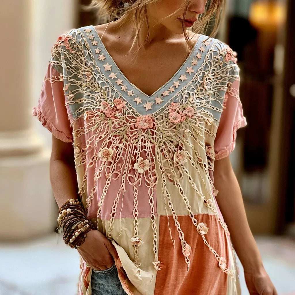 Cardydony Women's Bohemian Floral Color Block Comfortable Short-sleeve T-shirt