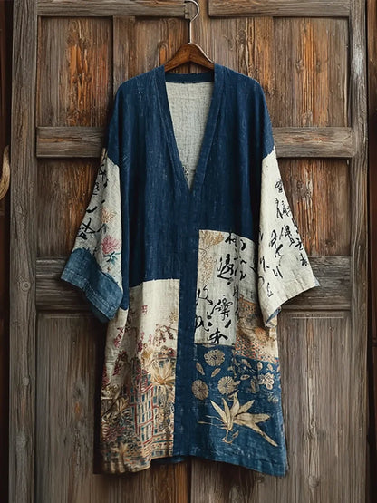 Cardydony Japanese Art Retro Printed Patchwork Design V-neck Dress