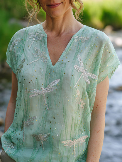 Cardydony Sage Green Textured Grass Print Dragonfly Embroidery V Neck Bohemian Short Sleeve Top For Women