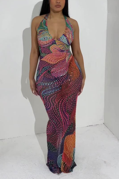 Cardydony Women's ashionable Colorful Printed Sleeveless Halter Neck Slim-fit Maxi Dress