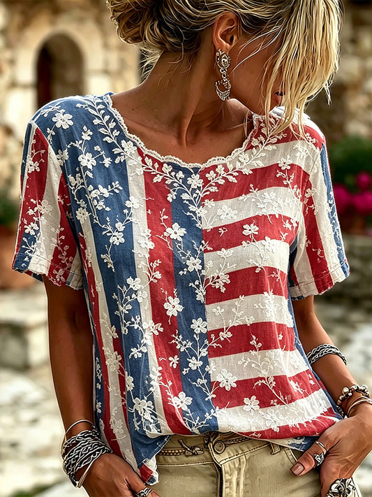 Cardydony Vintage Football Team Floral Embroidery Patchwork Comfortable Casual Short Sleeve Top