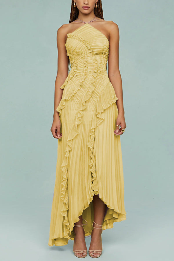 Cardydony Women's Dream Ode Lily Pad Style Pleats and Ruffles Halter Gown Maxi Dress