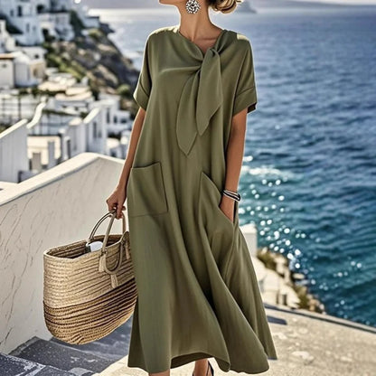 Cardydony Women's Elegant Bow-knot Pocket Cotton And Linen Midi Dress