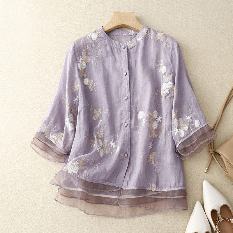 Cardydony Women's Floral Embroidered Art Linen Blend Blouse