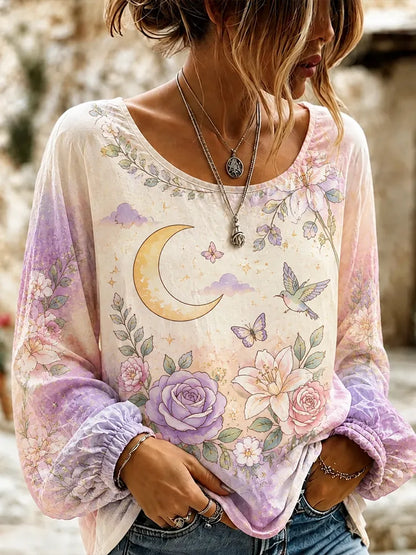 Cardydony Women's Long Sleeve Blouse With Cuffed Sleeves, Crescent Moon, And Pastel Rose Floral Pattern