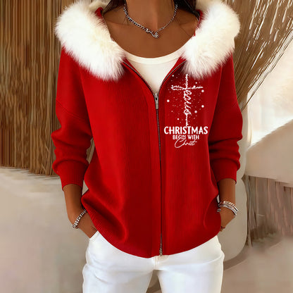 Women's Zippered Fur Christmas Casual Hooded Sweater