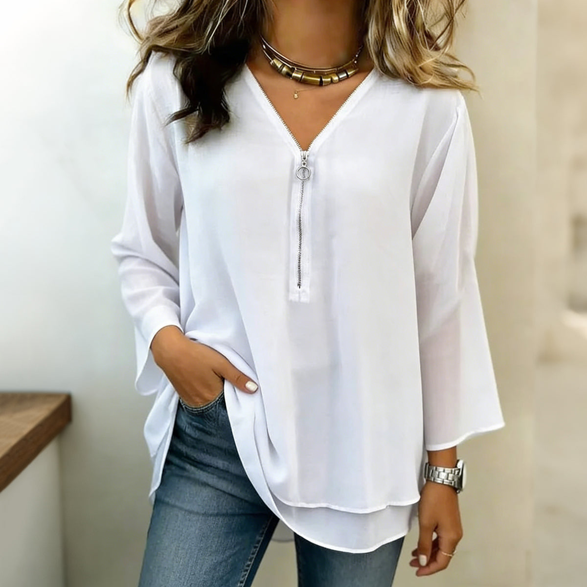 Cardydony Women's Casual Double Layer Design Three-quarter Sleeve Zipper Chiffon Top