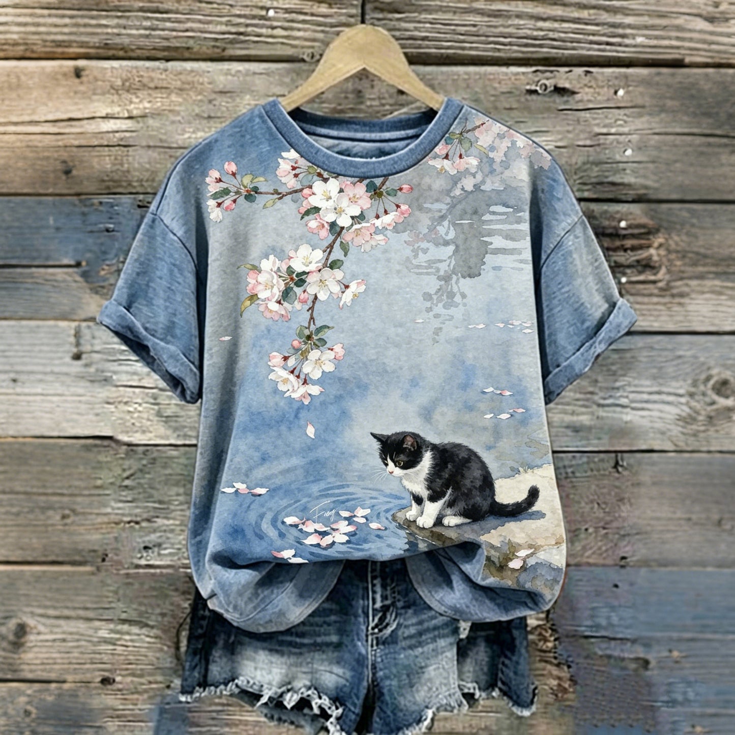 Cardydony Retro Cute Cat And Cherry Blossom Pattern Casual T-shirt