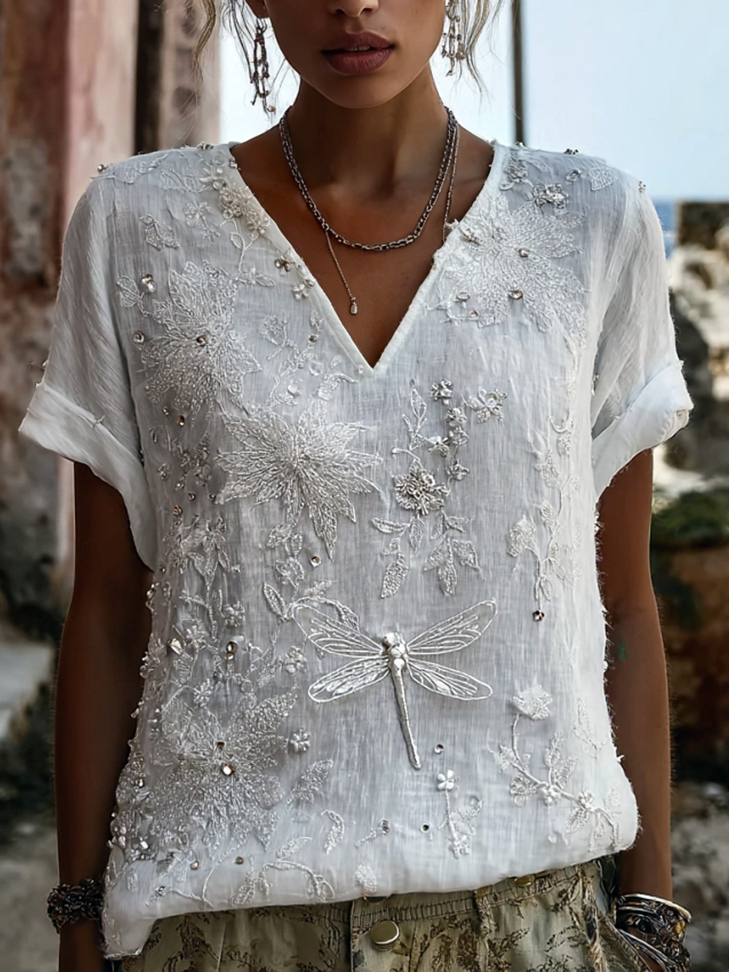 Cardydony Women's Retro Bohemian Style Floral And Dragonfly Sequin T-shirt