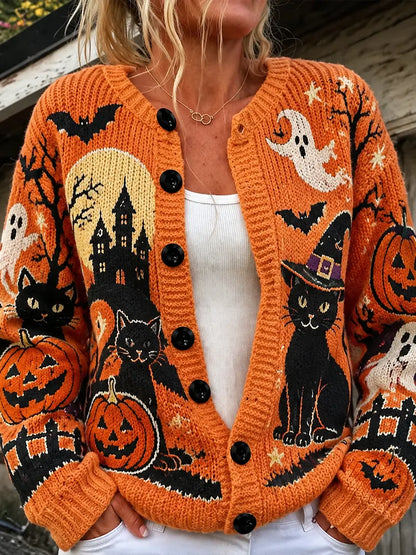 Cardydony Women's Orange Halloween Castle And Black Cat Cardigan