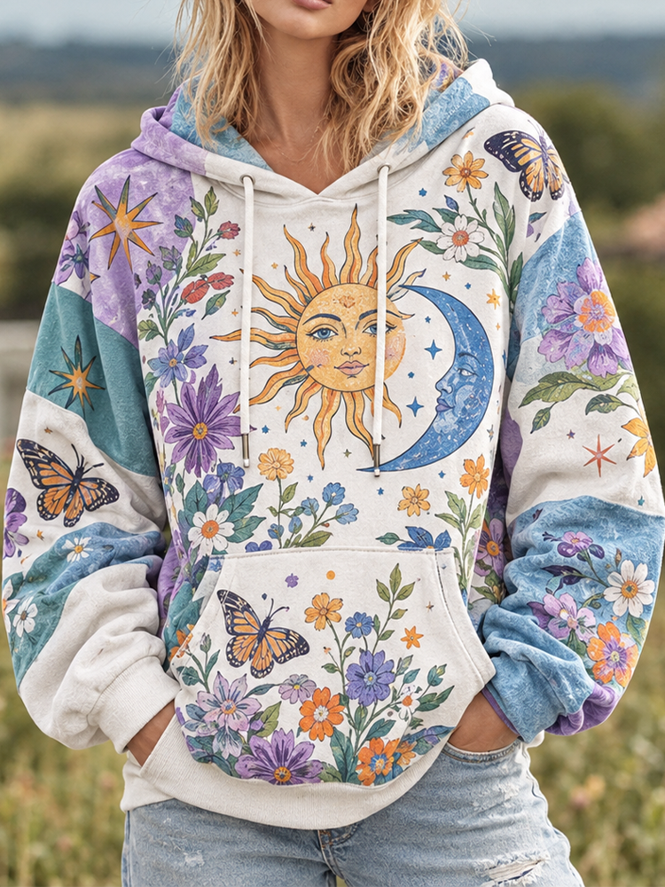 Cardydony Women's Patchwork Sun, Moon, Star, Butterfly & Floral Print Hoodie