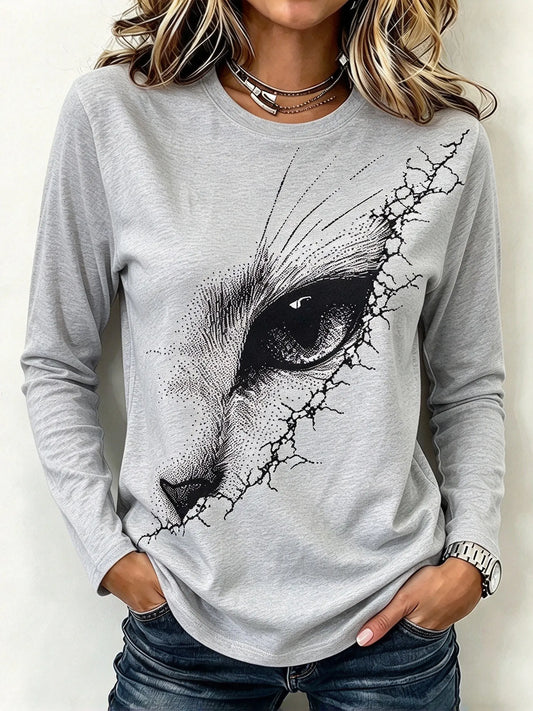 Cardydony Women's Long-sleeve Top With Cat-eye Print