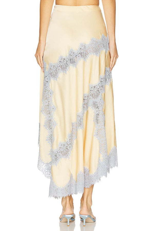 Cardydony Women's Wine Tasting Contrast Color Satin Lace Trim Irregular Hem Drape Midi Skirt