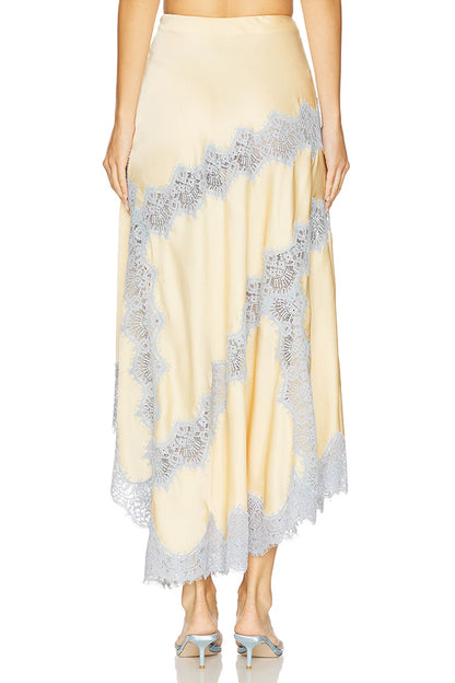 Cardydony Women's Wine Tasting Contrast Color Satin Lace Trim Irregular Hem Drape Midi Skirt