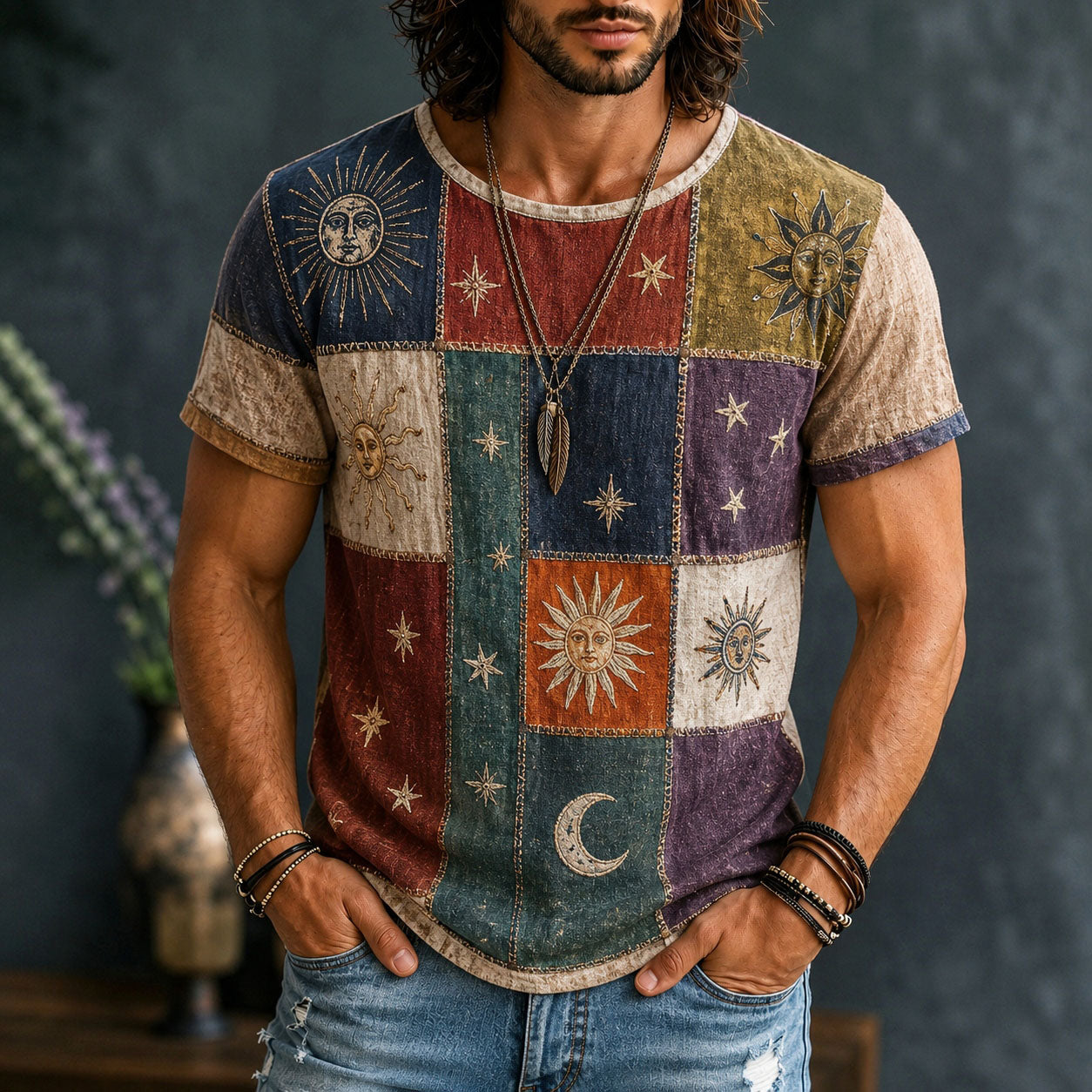 Cardydony Men's Hippie Mystery Patchwork Sun Face And Moon Boho Art Print Short Sleeve T-shirt