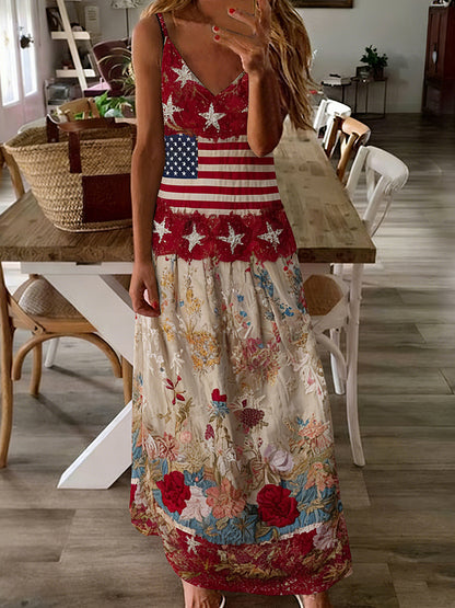 Cardydony Women's Vintage Independence Day Flag-print Maxi Dress