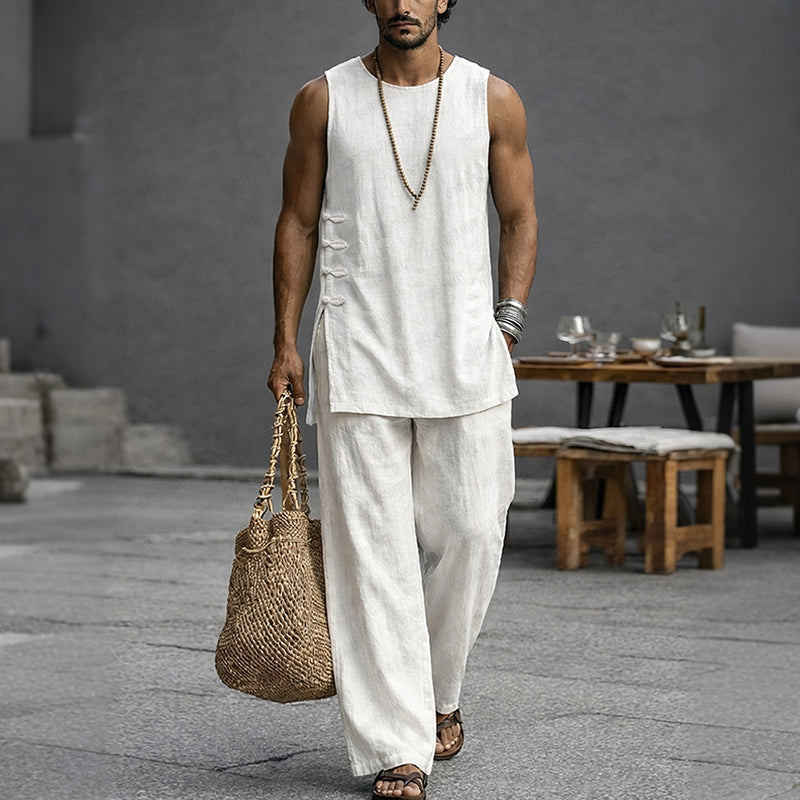 Cardydony Men's Simple Casual 100% Cotton Tank Top Pants Set
