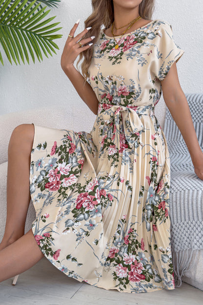 Cardydony Women's Floral Print Round Neck Fitted Waist Tie Pleated Midi Dress