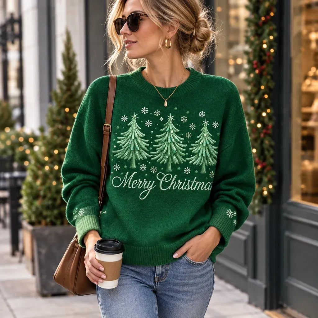 Cardydony Women's Christmas Tree Graphic Relaxed Fit Ombre Green Crewneck Pullover Sweater