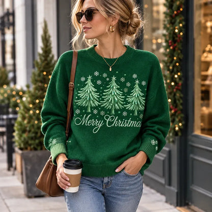 Cardydony Women's Christmas Tree Graphic Relaxed Fit Ombre Green Crewneck Pullover Sweater
