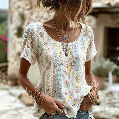 Cardydony Women's Handmade Floral Embroidery And Lace Art Splicing Lightweight Cotton Linen Round Neck Short Sleeve Top