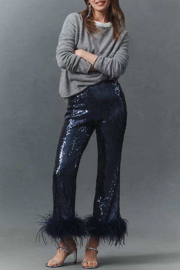 Cardydony Women's New Year Eve Sequin Feather Trim High Rise Back Zipper Flare Pants