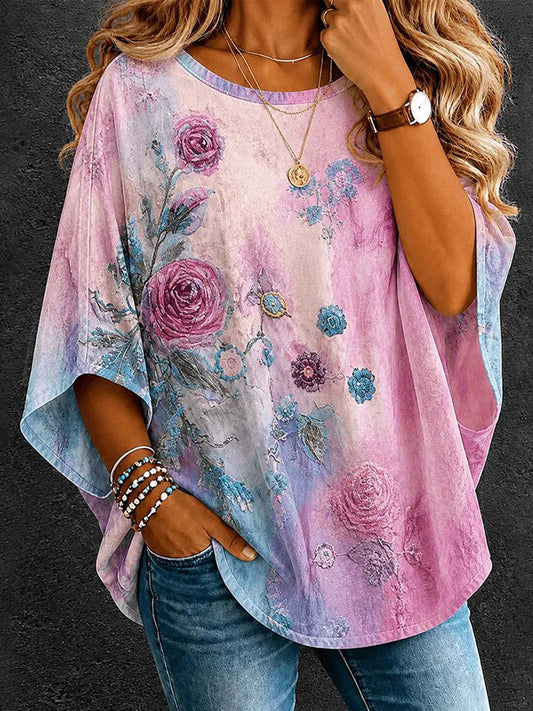 Cardydony Women's Retro Gradient Floral Print Cotton Linen Top