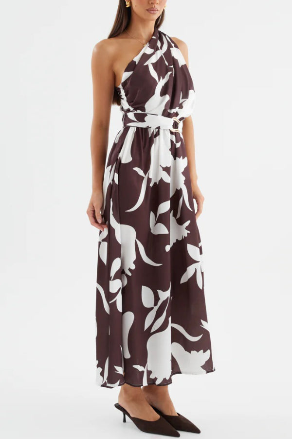 Cardydony Women's Unique Printed One-Shoulder Belt Casual Holiday Maxi Dress