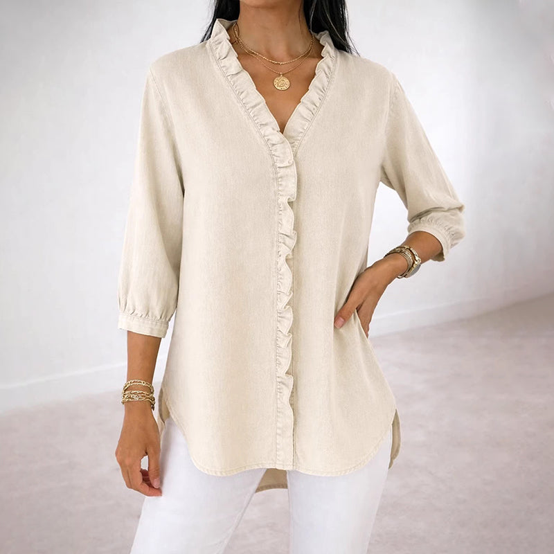 Cardydony Women's Casual Imitation Denim V-neck Ruffle Shirt
