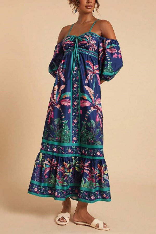 Cardydony Women's  Coconut Tree Print Off-shoulder Half Sleeve Casual Vacation Maxi Dress