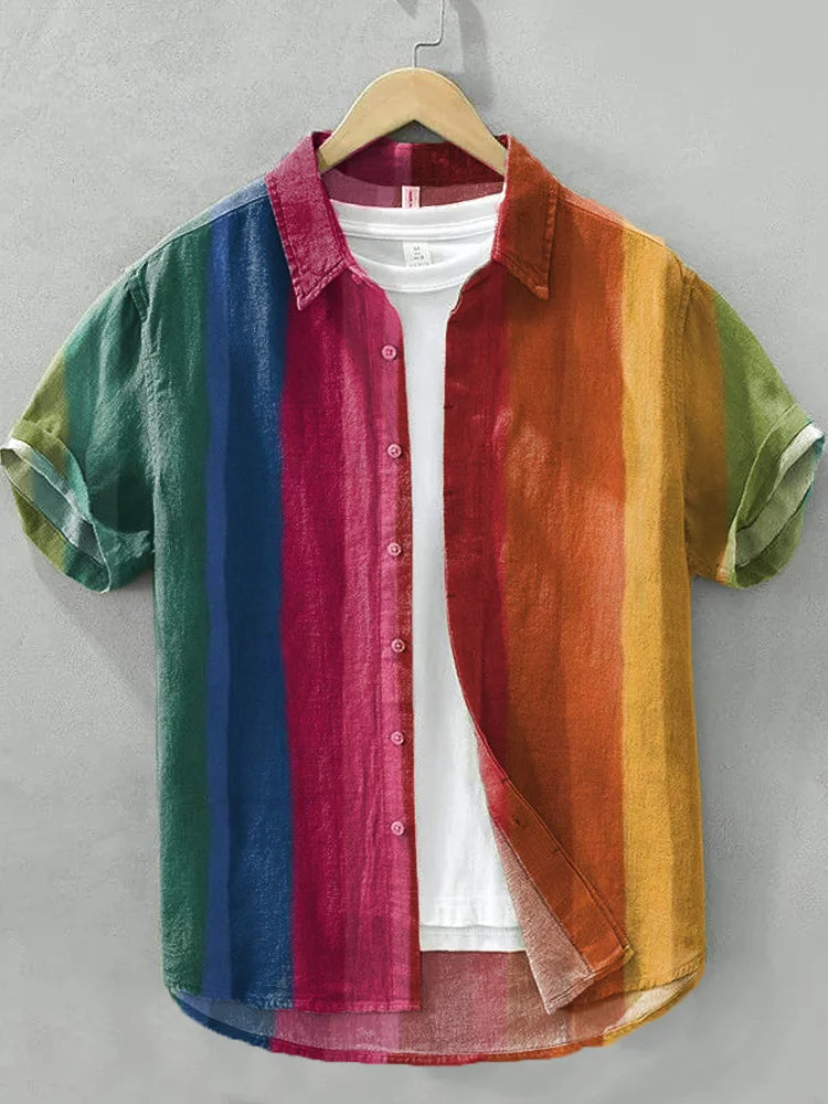 Cardydony Men's Multicolor Striped Linen Blend Boho Shirt