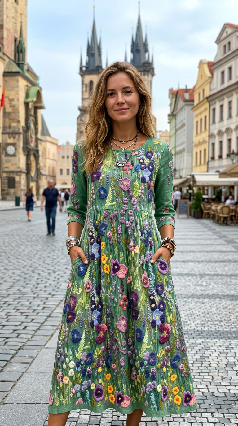 Cardydony Women's Elegant Violet Wildflower Embroidery Art Linen Maxi Dress