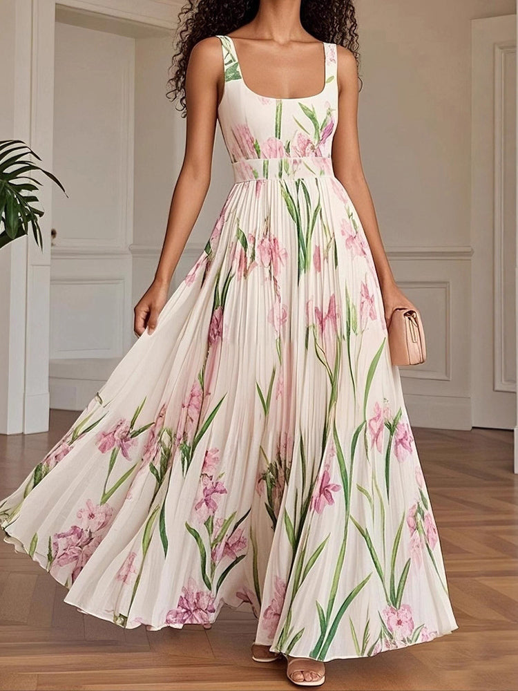 Cardydony Pleated Slim Fit Floral Print Slip Dress
